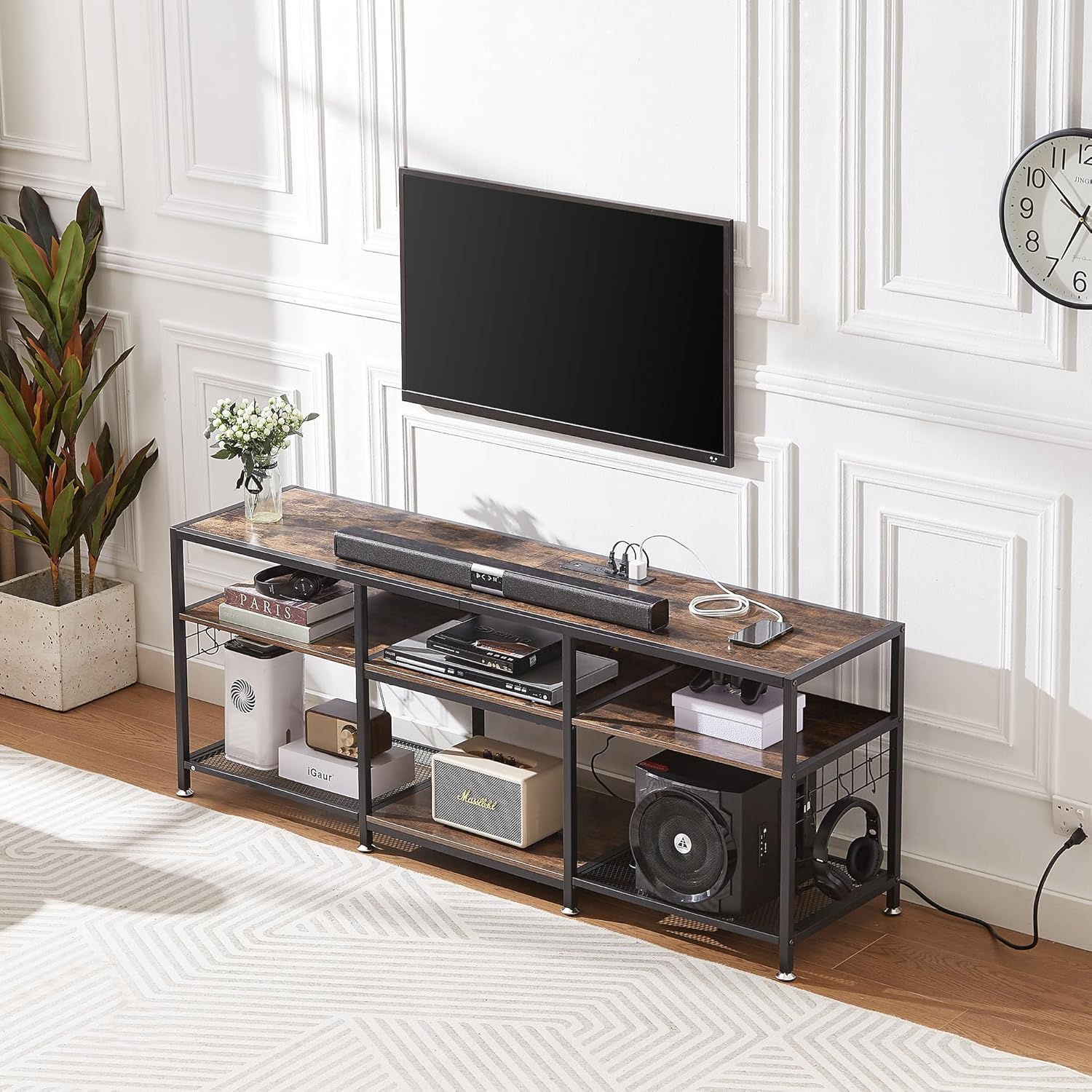 VECELO TV Stand with Power Outlets for Televisions Up to 75 Inch, Industrial Entertainment Center with 3-Tier Open Storage Shelves & Charging Station & Hooks for Living, Bedroom, 70 in, Rustic Brown - Grand Goldman