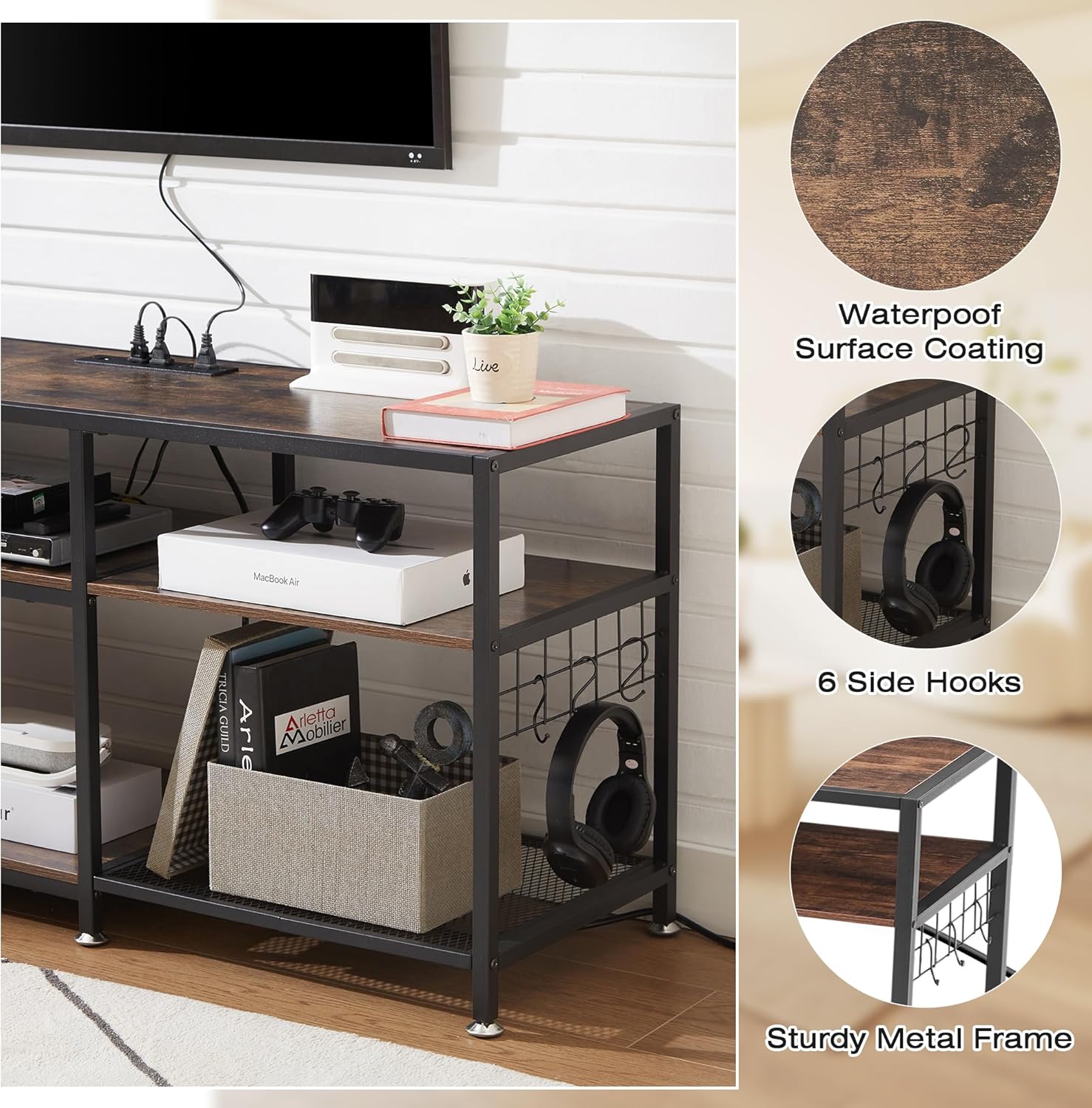 VECELO TV Stand with Power Outlets for Televisions Up to 75 Inch, Industrial Entertainment Center with 3-Tier Open Storage Shelves & Charging Station & Hooks for Living, Bedroom, 70 in, Rustic Brown - Grand Goldman