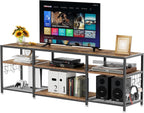 VECELO TV Stand with Power Outlets for Televisions Up to 75 Inch, Industrial Entertainment Center with 3-Tier Open Storage Shelves & Charging Station & Hooks for Living, Bedroom, 70 in, Rustic Brown - Grand Goldman