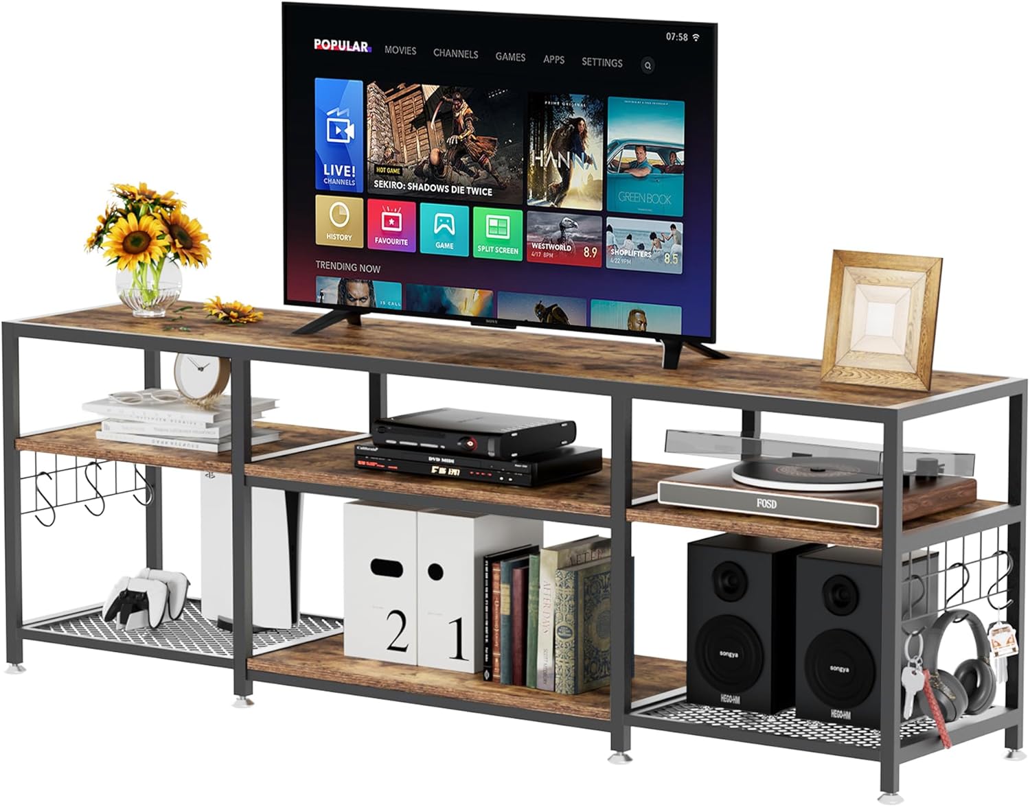 VECELO TV Stand with Power Outlets for Televisions Up to 75 Inch, Industrial Entertainment Center with 3-Tier Open Storage Shelves & Charging Station & Hooks for Living, Bedroom, 70 in, Rustic Brown - Grand Goldman