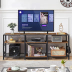 VECELO TV Stand with Power Outlets for Televisions Up to 75 Inch, Industrial Entertainment Center with 3-Tier Open Storage Shelves & Charging Station & Hooks for Living, Bedroom, 70 in, Rustic Brown - Grand Goldman