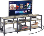 VECELO TV Stand with Power Outlets for Televisions Up to 75 Inch, Industrial Entertainment Center with 3-Tier Open Storage Shelves & Charging Station & Hooks for Living, Bedroom, 70 in, Rustic Brown - Grand Goldman