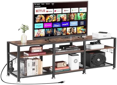 VECELO TV Stand with Power Outlets for Televisions Up to 75 Inch, Industrial Entertainment Center with 3-Tier Open Storage Shelves & Charging Station & Hooks for Living, Bedroom, 70 in, Rustic Brown - Grand Goldman