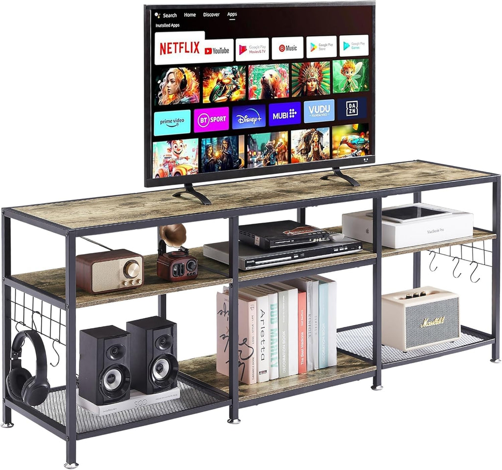 VECELO TV Stand with Power Outlets for Televisions Up to 75 Inch, Industrial Entertainment Center with 3-Tier Open Storage Shelves & Charging Station & Hooks for Living, Bedroom, 70 in, Rustic Brown - Grand Goldman