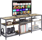 VECELO TV Stand with Power Outlets for Televisions Up to 75 Inch, Industrial Entertainment Center with 3-Tier Open Storage Shelves & Charging Station & Hooks for Living, Bedroom, 70 in, Rustic Brown - Grand Goldman