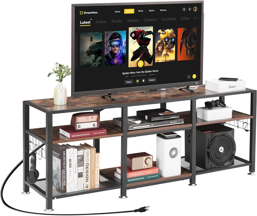 VECELO TV Stand with Power Outlets for Televisions Up to 75 Inch, Industrial Entertainment Center with 3-Tier Open Storage Shelves & Charging Station & Hooks for Living, Bedroom, 70 in, Rustic Brown - Grand Goldman