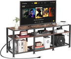 VECELO TV Stand with Power Outlets for Televisions Up to 75 Inch, Industrial Entertainment Center with 3-Tier Open Storage Shelves & Charging Station & Hooks for Living, Bedroom, 70 in, Rustic Brown - Grand Goldman