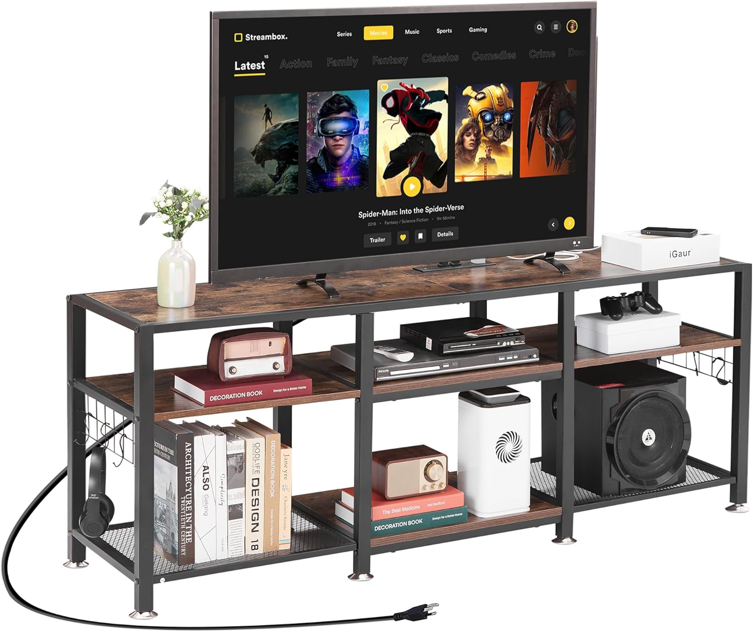 VECELO TV Stand with Power Outlets for Televisions Up to 75 Inch, Industrial Entertainment Center with 3-Tier Open Storage Shelves & Charging Station & Hooks for Living, Bedroom, 70 in, Rustic Brown - Grand Goldman