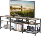 VECELO TV Stand with Power Outlets for Televisions Up to 75 Inch, Industrial Entertainment Center with 3-Tier Open Storage Shelves & Charging Station & Hooks for Living, Bedroom, 70 in, Rustic Brown - Grand Goldman