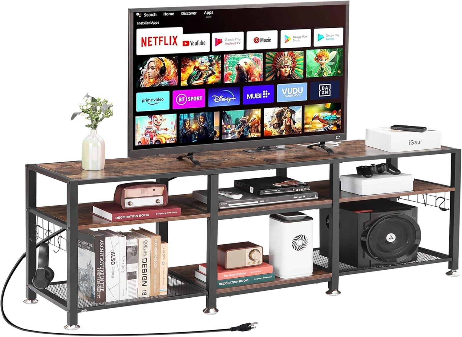 VECELO TV Stand with Power Outlets for Televisions Up to 75 Inch, Industrial Entertainment Center with 3-Tier Open Storage Shelves & Charging Station & Hooks for Living, Bedroom, 70 in, Rustic Brown - Grand Goldman