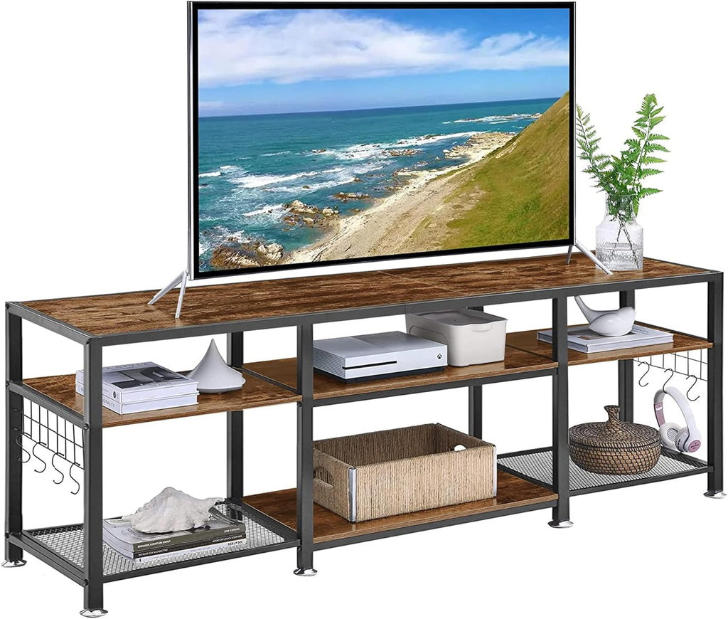 VECELO TV Stand with Power Outlets for Televisions Up to 75 Inch, Industrial Entertainment Center with 3-Tier Open Storage Shelves & Charging Station & Hooks for Living, Bedroom, 70 in, Rustic Brown - Grand Goldman