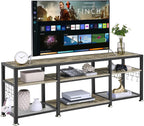 VECELO TV Stand with Power Outlets for Televisions Up to 75 Inch, Industrial Entertainment Center with 3-Tier Open Storage Shelves & Charging Station & Hooks for Living, Bedroom, 70 in, Rustic Brown - Grand Goldman