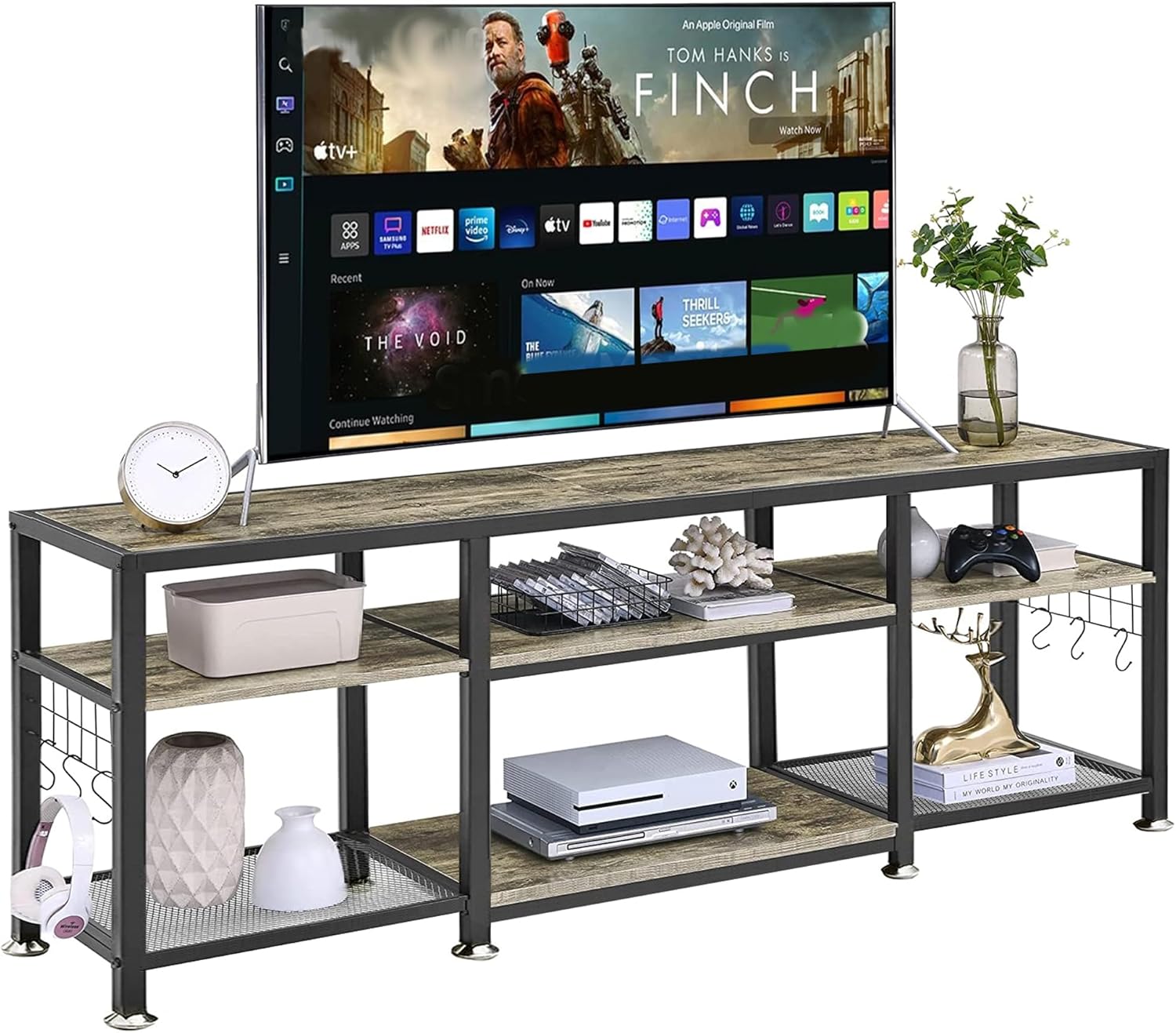 VECELO TV Stand with Power Outlets for Televisions Up to 75 Inch, Industrial Entertainment Center with 3-Tier Open Storage Shelves & Charging Station & Hooks for Living, Bedroom, 70 in, Rustic Brown - Grand Goldman