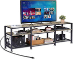 VECELO TV Stand with Power Outlets for Televisions Up to 75 Inch, Industrial Entertainment Center with 3-Tier Open Storage Shelves & Charging Station & Hooks for Living, Bedroom, 70 in, Rustic Brown - Grand Goldman