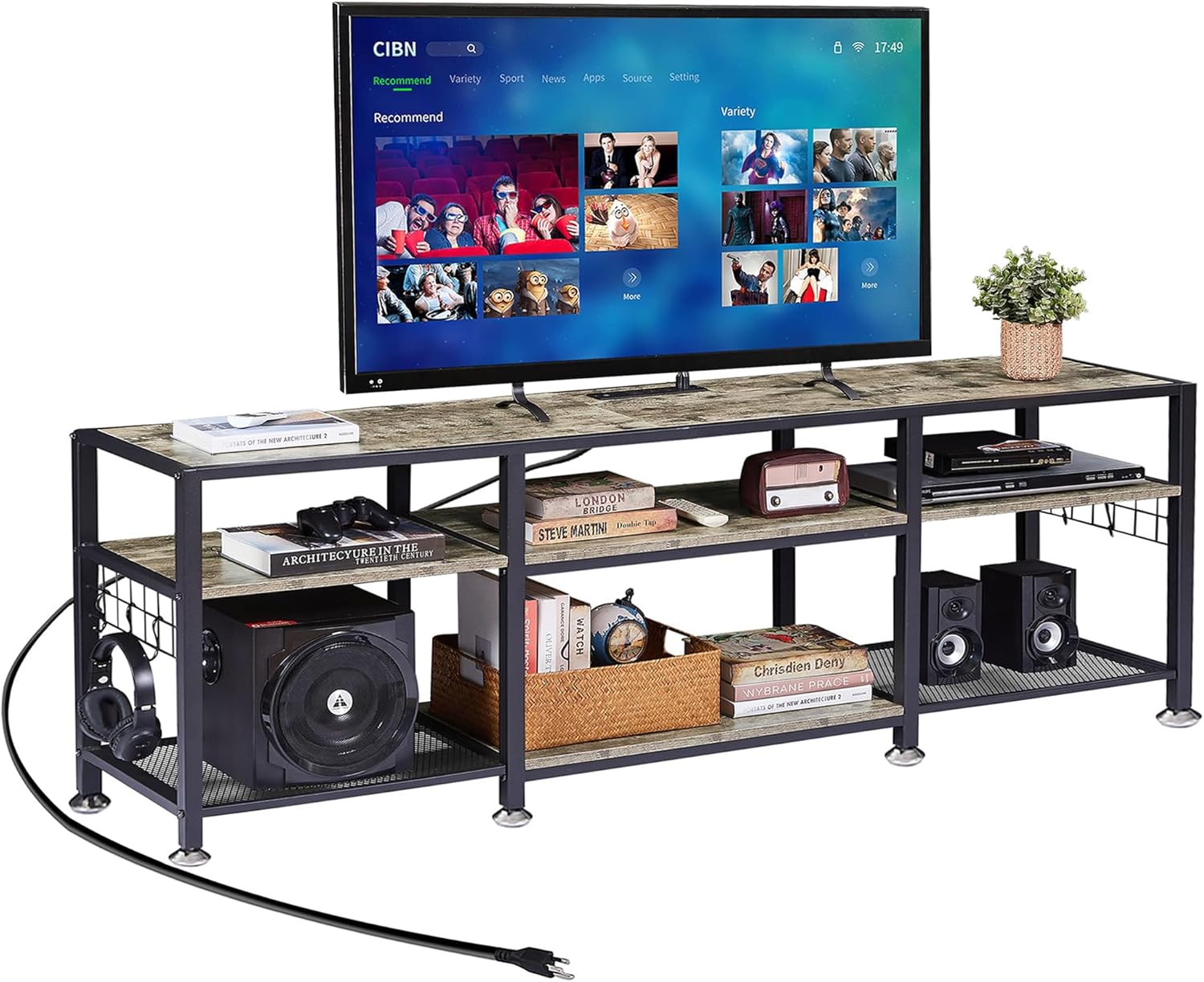 VECELO TV Stand with Power Outlets for Televisions Up to 75 Inch, Industrial Entertainment Center with 3-Tier Open Storage Shelves & Charging Station & Hooks for Living, Bedroom, 70 in, Rustic Brown - Grand Goldman