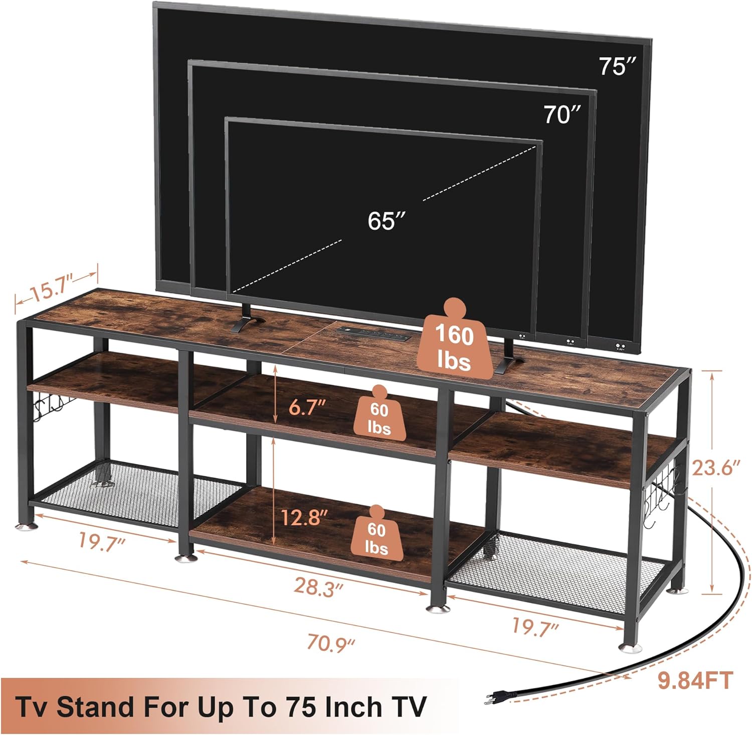 VECELO TV Stand with Power Outlets for Televisions Up to 75 Inch, Industrial Entertainment Center with 3-Tier Open Storage Shelves & Charging Station & Hooks for Living, Bedroom, 70 in, Rustic Brown - Grand Goldman
