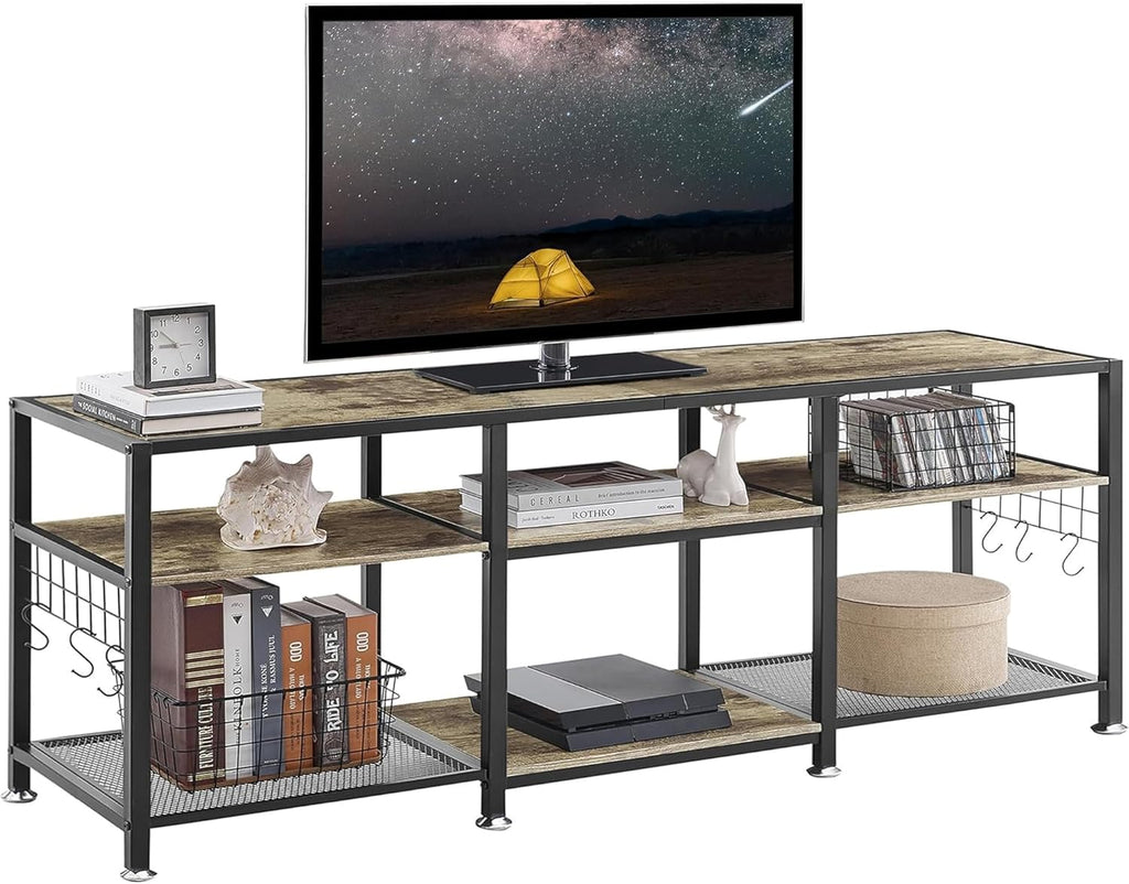 VECELO TV Stand with Power Outlets for Televisions Up to 75 Inch, Industrial Entertainment Center with 3-Tier Open Storage Shelves & Charging Station & Hooks for Living, Bedroom, 70 in, Rustic Brown - Grand Goldman