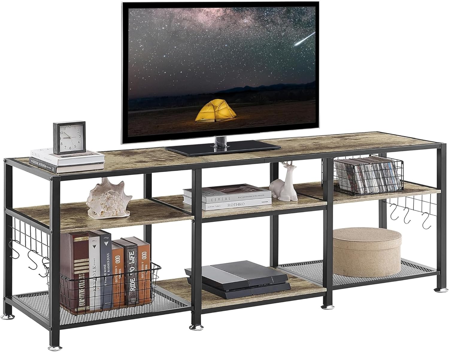 VECELO TV Stand with Power Outlets for Televisions Up to 75 Inch, Industrial Entertainment Center with 3-Tier Open Storage Shelves & Charging Station & Hooks for Living, Bedroom, 70 in, Rustic Brown - Grand Goldman