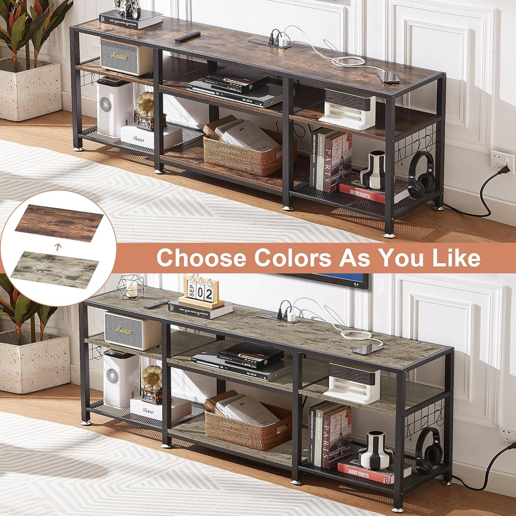 VECELO TV Stand with Power Outlets for Televisions Up to 75 Inch, Industrial Entertainment Center with 3-Tier Open Storage Shelves & Charging Station & Hooks for Living, Bedroom, 70 in, Rustic Brown - Grand Goldman