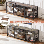 VECELO TV Stand with Power Outlets for Televisions Up to 75 Inch, Industrial Entertainment Center with 3-Tier Open Storage Shelves & Charging Station & Hooks for Living, Bedroom, 70 in, Rustic Brown - Grand Goldman