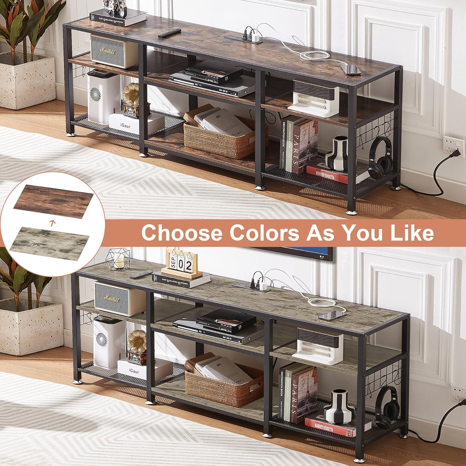 VECELO TV Stand with Power Outlets for Televisions Up to 75 Inch, Industrial Entertainment Center with 3-Tier Open Storage Shelves & Charging Station & Hooks for Living, Bedroom, 70 in, Rustic Brown - Grand Goldman