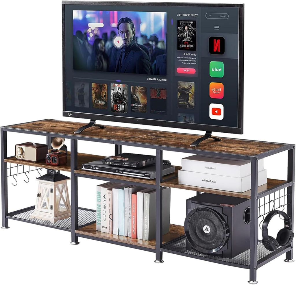 VECELO TV Stand with Power Outlets for Televisions Up to 75 Inch, Industrial Entertainment Center with 3-Tier Open Storage Shelves & Charging Station & Hooks for Living, Bedroom, 70 in, Rustic Brown - Grand Goldman