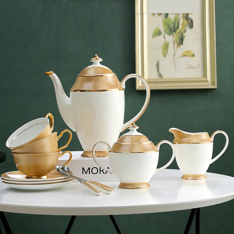 VEGAS Bone China Elegant British European Coffee Cup Set Luxury Porcelain Teatime Pack With Sugar Pot Bowl Creamer Teapot Coffeeware And Gold Textured Cups Saucers Gift for Mother Father Wedding Office Bar Restaurant Cafe and Teahouse - Grand Goldman