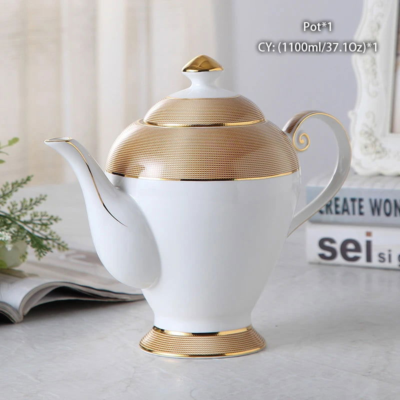 VEGAS Bone China Elegant British European Coffee Cup Set Luxury Porcelain Teatime Pack With Sugar Pot Bowl Creamer Teapot Coffeeware And Gold Textured Cups Saucers Gift for Mother Father Wedding Office Bar Restaurant Cafe and Teahouse - Grand Goldman
