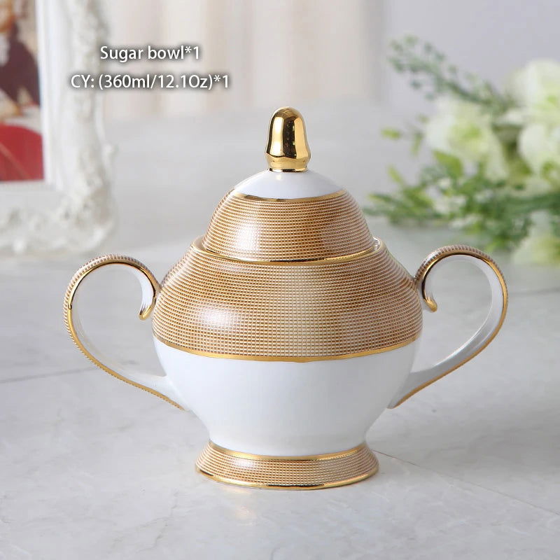 VEGAS Bone China Elegant British European Coffee Cup Set Luxury Porcelain Teatime Pack With Sugar Pot Bowl Creamer Teapot Coffeeware And Gold Textured Cups Saucers Gift for Mother Father Wedding Office Bar Restaurant Cafe and Teahouse - Grand Goldman