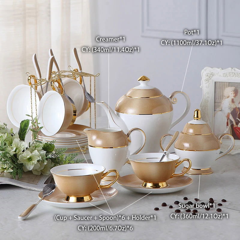 VEGAS Bone China Elegant British European Coffee Cup Set Luxury Porcelain Teatime Pack With Sugar Pot Bowl Creamer Teapot Coffeeware And Gold Textured Cups Saucers Gift for Mother Father Wedding Office Bar Restaurant Cafe and Teahouse - Grand Goldman