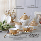 VEGAS Bone China Elegant British European Coffee Cup Set Luxury Porcelain Teatime Pack With Sugar Pot Bowl Creamer Teapot Coffeeware And Gold Textured Cups Saucers Gift for Mother Father Wedding Office Bar Restaurant Cafe and Teahouse - Grand Goldman