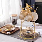 VEGAS Bone China Elegant British European Coffee Cup Set Luxury Porcelain Teatime Pack With Sugar Pot Bowl Creamer Teapot Coffeeware And Gold Textured Cups Saucers Gift for Mother Father Wedding Office Bar Restaurant Cafe and Teahouse - Grand Goldman