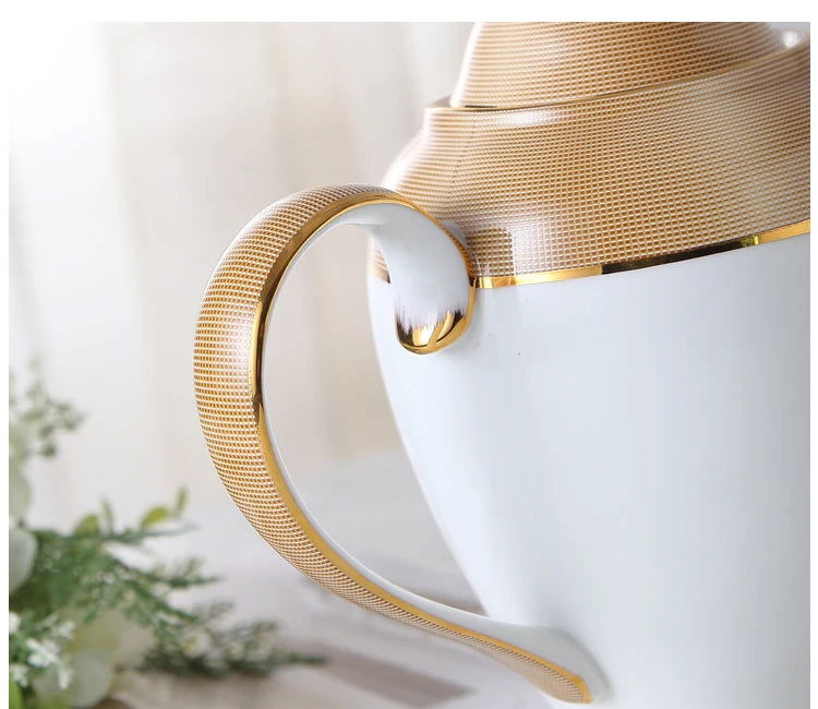 VEGAS Bone China Elegant British European Coffee Cup Set Luxury Porcelain Teatime Pack With Sugar Pot Bowl Creamer Teapot Coffeeware And Gold Textured Cups Saucers Gift for Mother Father Wedding Office Bar Restaurant Cafe and Teahouse - Grand Goldman