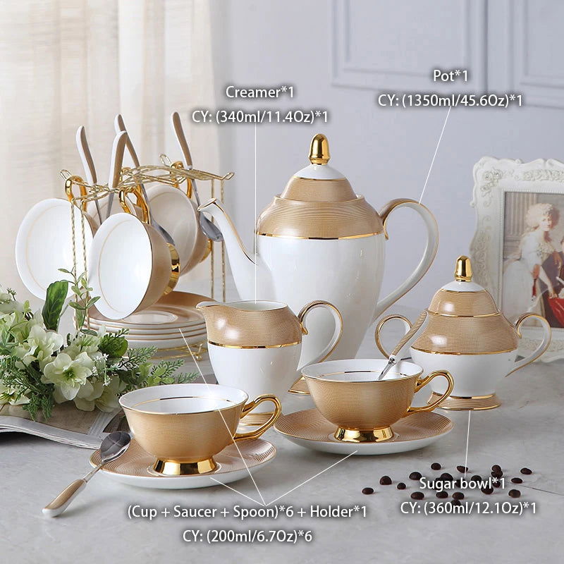 VEGAS Bone China Elegant British European Coffee Cup Set Luxury Porcelain Teatime Pack With Sugar Pot Bowl Creamer Teapot Coffeeware And Gold Textured Cups Saucers Gift for Mother Father Wedding Office Bar Restaurant Cafe and Teahouse - Grand Goldman