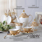 VEGAS Bone China Elegant British European Coffee Cup Set Luxury Porcelain Teatime Pack With Sugar Pot Bowl Creamer Teapot Coffeeware And Gold Textured Cups Saucers Gift for Mother Father Wedding Office Bar Restaurant Cafe and Teahouse - Grand Goldman