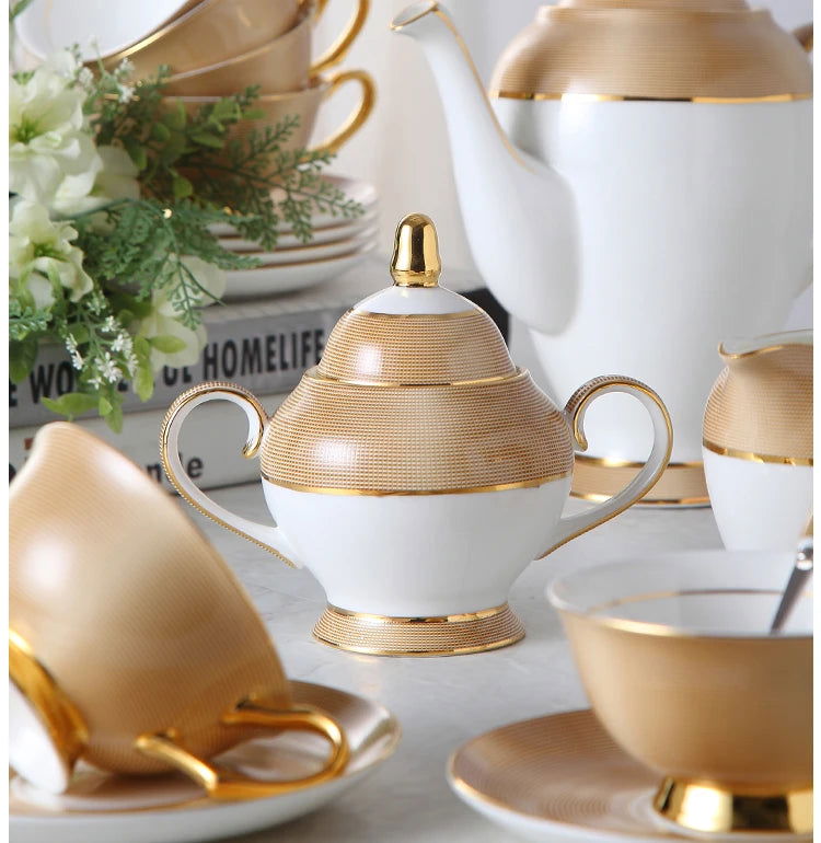 VEGAS Bone China Elegant British European Coffee Cup Set Luxury Porcelain Teatime Pack With Sugar Pot Bowl Creamer Teapot Coffeeware And Gold Textured Cups Saucers Gift for Mother Father Wedding Office Bar Restaurant Cafe and Teahouse - Grand Goldman
