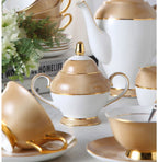 VEGAS Bone China Elegant British European Coffee Cup Set Luxury Porcelain Teatime Pack With Sugar Pot Bowl Creamer Teapot Coffeeware And Gold Textured Cups Saucers Gift for Mother Father Wedding Office Bar Restaurant Cafe and Teahouse - Grand Goldman