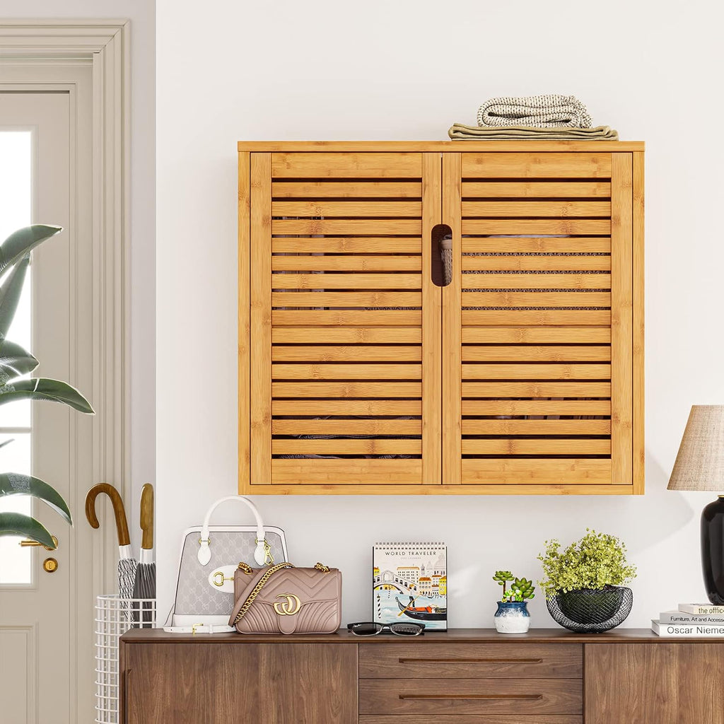 VIAGDO Wall Cabinet Bathroom Storage Cabinet Wall Mounted with Adjustable Shelves Inside, Double Door Medicine Cabinet, Utility Cabinet Organizer Over Toilet, Bamboo, 23.2''Lx8.3''Wx20.1''H - Grand Goldman