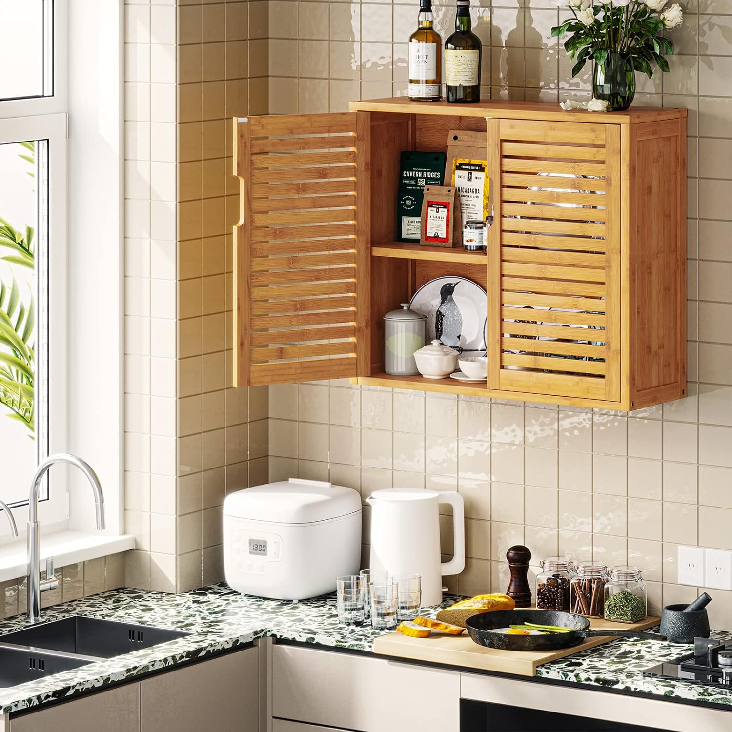 VIAGDO Wall Cabinet Bathroom Storage Cabinet Wall Mounted with Adjustable Shelves Inside, Double Door Medicine Cabinet, Utility Cabinet Organizer Over Toilet, Bamboo, 23.2''Lx8.3''Wx20.1''H - Grand Goldman