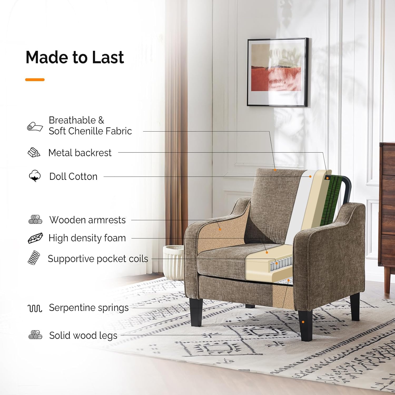 VINGLI Accent Chair for Living Room Chairs Light Brown Reading Chair for Bedroom Scooped Arm Chair Mid Century Modern Accent Chairs Upholstered Comfy Chair for Apartment, Waiting Room - Grand Goldman
