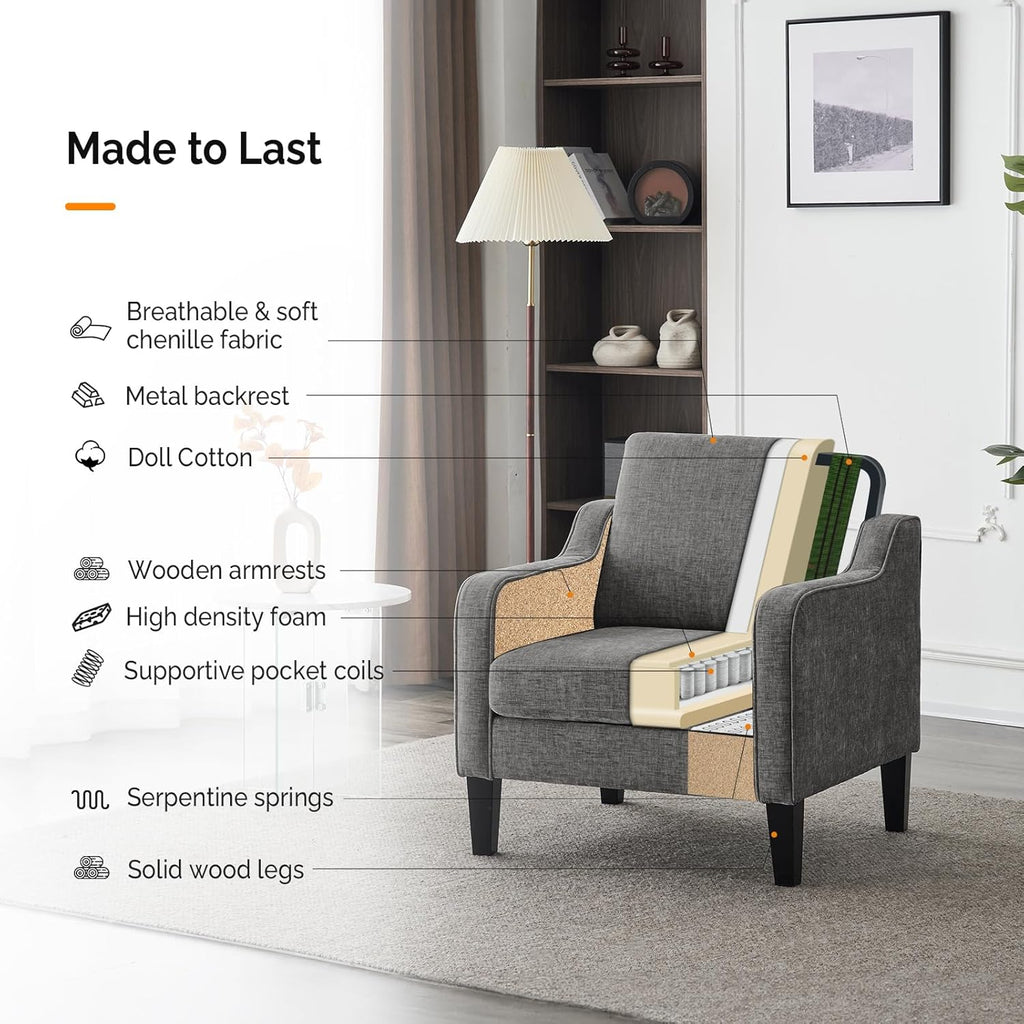 VINGLI Accent Chairs for Living Room Chairs Reading Chair Mid Century Modern Chair Soft Chenille Sofa Chair Upholstered Arm Chair Comfy Chair Side Chair (Light Grey Chenille) - Grand Goldman