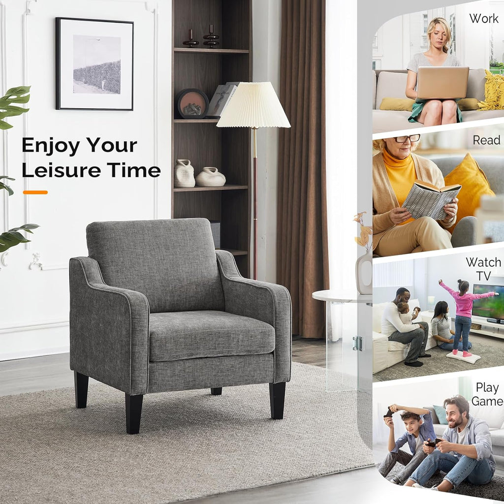 VINGLI Accent Chairs for Living Room Chairs Reading Chair Mid Century Modern Chair Soft Chenille Sofa Chair Upholstered Arm Chair Comfy Chair Side Chair (Light Grey Chenille) - Grand Goldman