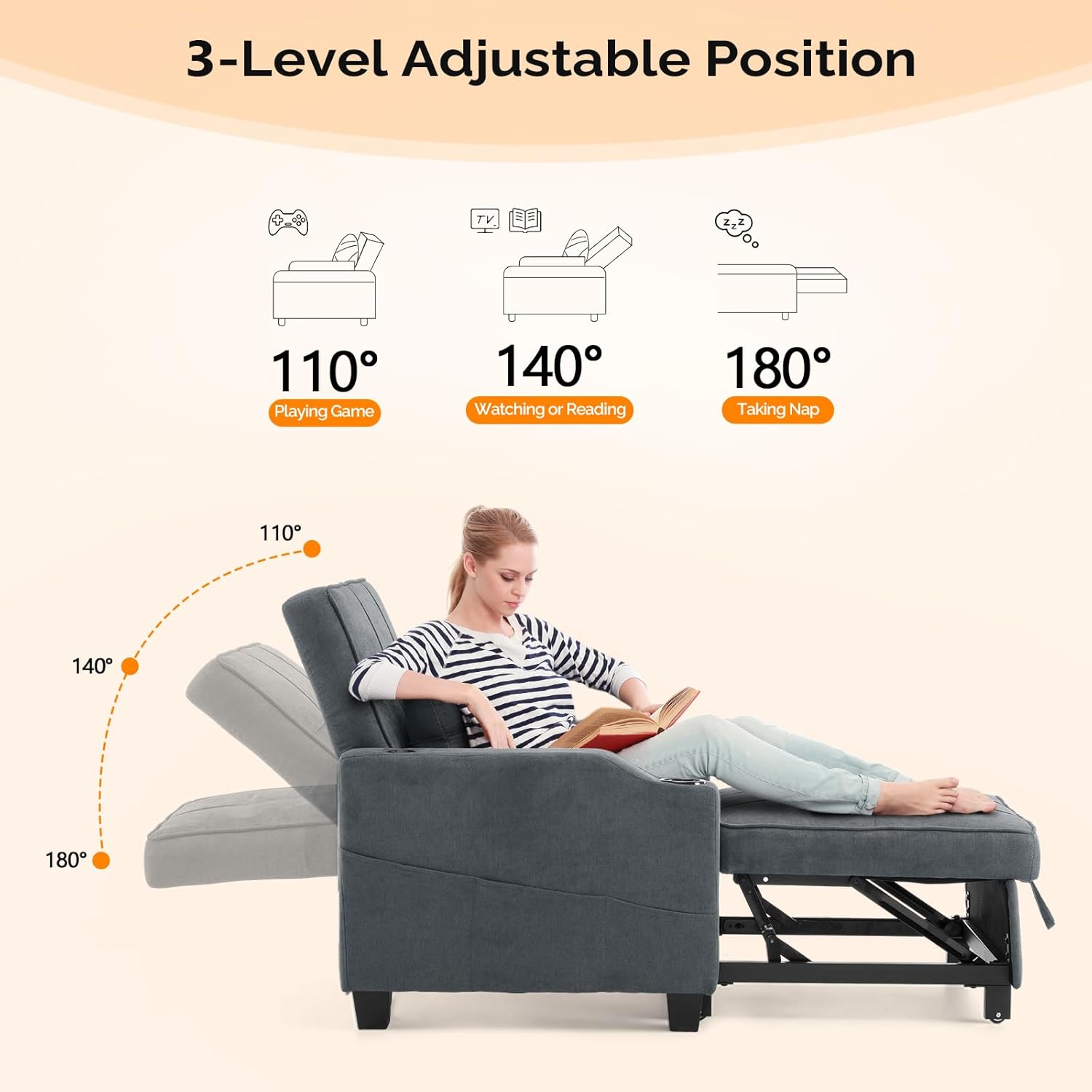 VINGLI Dark Grey Sofa Bed Chair Recliner, 3-in-1 Convertible Sleeper Sofa Chair Bed Daybed Pull Out Couch Bed with Adjustable Backrest, USB Ports, Cup Holders for Small Spaces Living Room - Grand Goldman