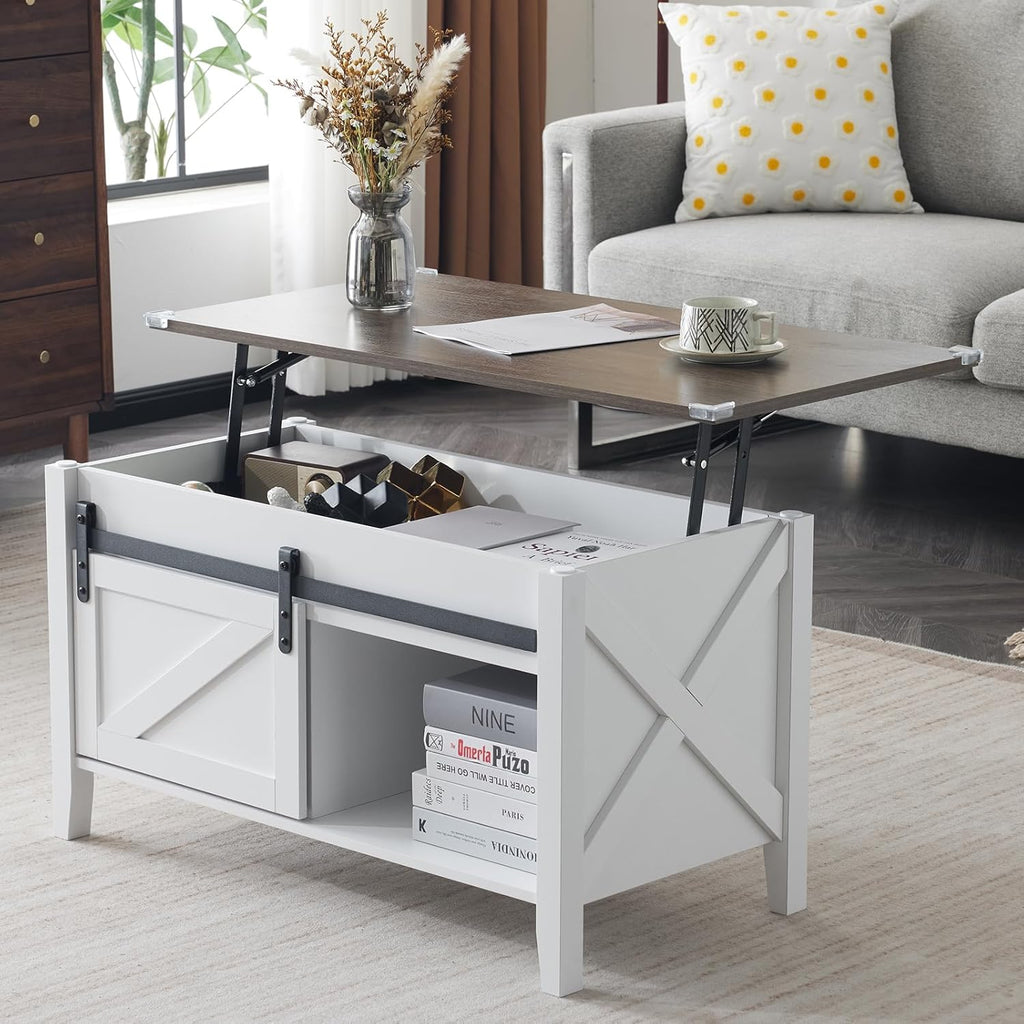 VINGLI Lift Top Coffee Table, White, with Storage Shelf/Hidden Compartment, Gas Lift Mesa De Centro para Sala Pop Up Coffee Table - Grand Goldman