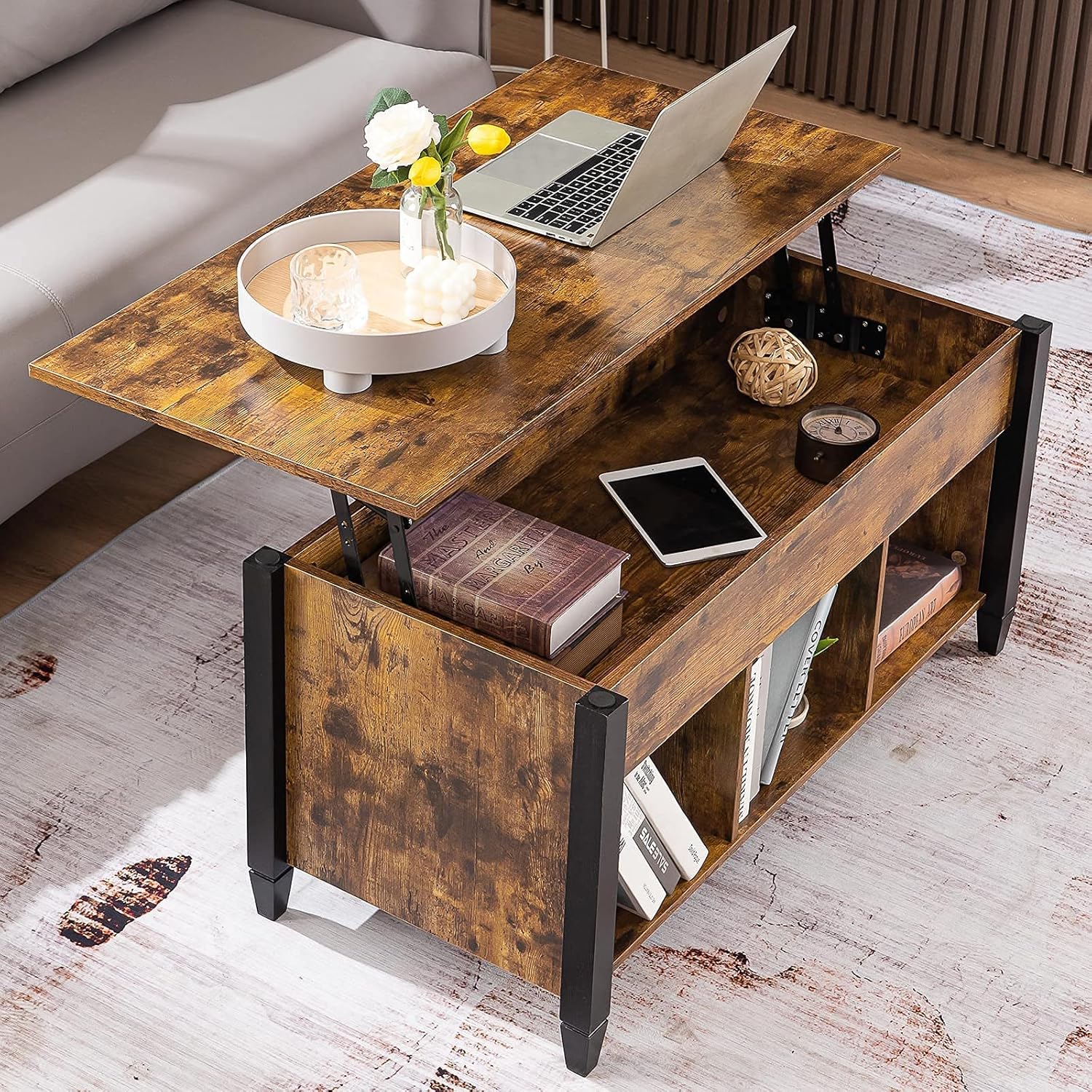 VINGLI Lift Top Coffee Table, White, with Storage Shelf/Hidden Compartment, Gas Lift Mesa De Centro para Sala Pop Up Coffee Table - Grand Goldman