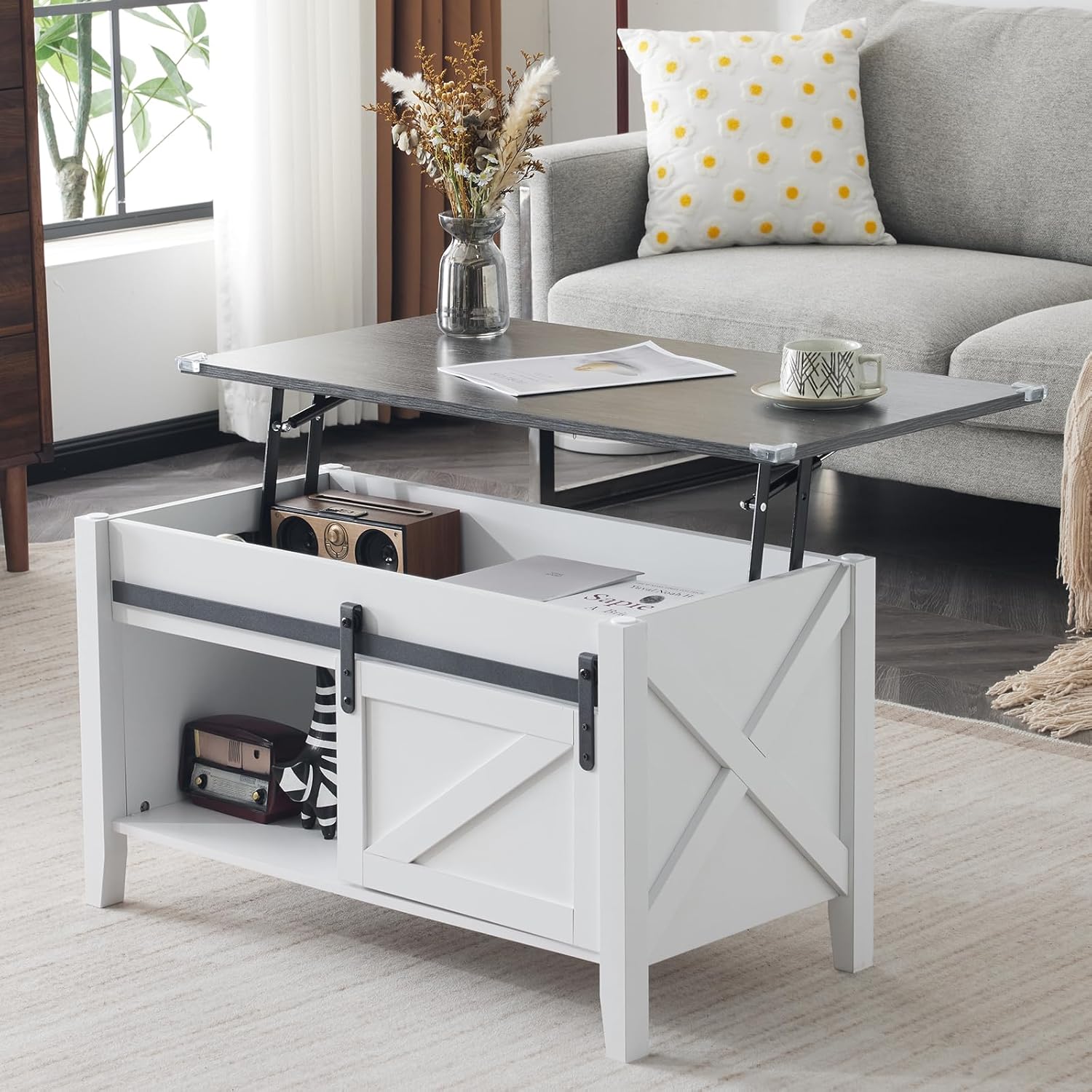 VINGLI Lift Top Coffee Table, White, with Storage Shelf/Hidden Compartment, Gas Lift Mesa De Centro para Sala Pop Up Coffee Table - Grand Goldman