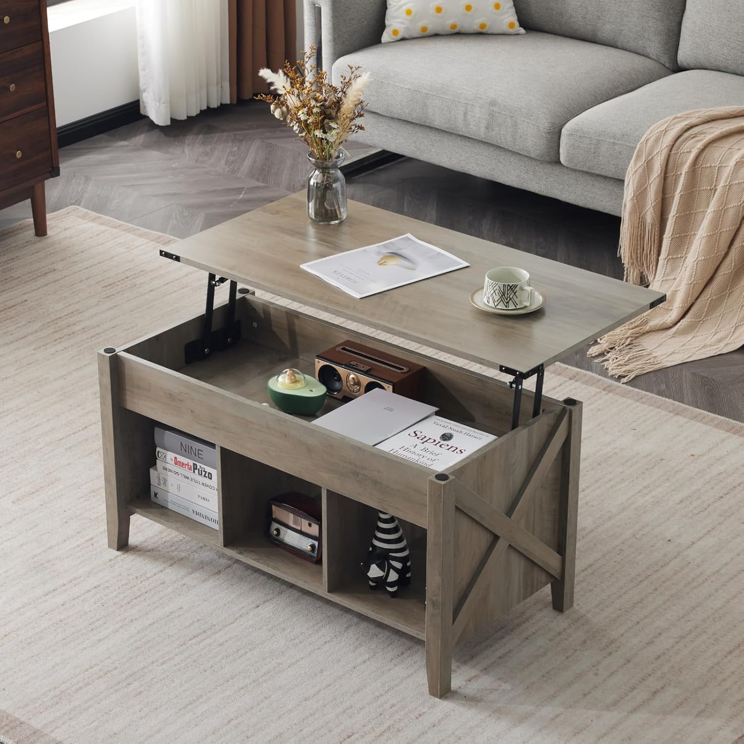 VINGLI Lift Top Coffee Table, White, with Storage Shelf/Hidden Compartment, Gas Lift Mesa De Centro para Sala Pop Up Coffee Table - Grand Goldman