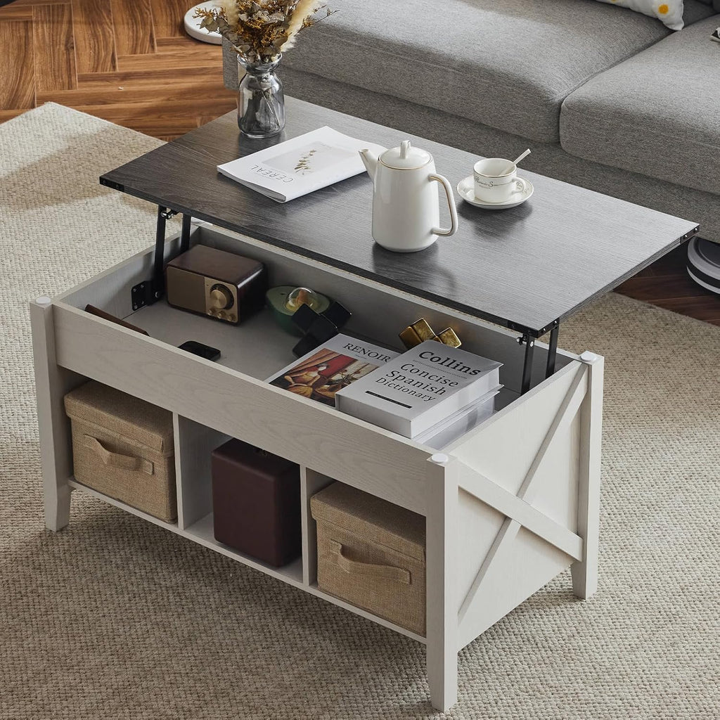 VINGLI Lift Top Coffee Table, White, with Storage Shelf/Hidden Compartment, Gas Lift Mesa De Centro para Sala Pop Up Coffee Table - Grand Goldman