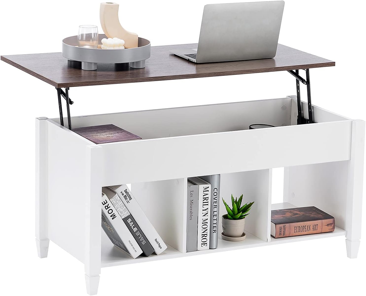 VINGLI Lift Top Coffee Table, White, with Storage Shelf/Hidden Compartment, Gas Lift Mesa De Centro para Sala Pop Up Coffee Table - Grand Goldman