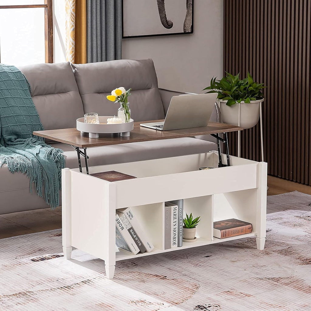 VINGLI Lift Top Coffee Table, White, with Storage Shelf/Hidden Compartment, Gas Lift Mesa De Centro para Sala Pop Up Coffee Table - Grand Goldman